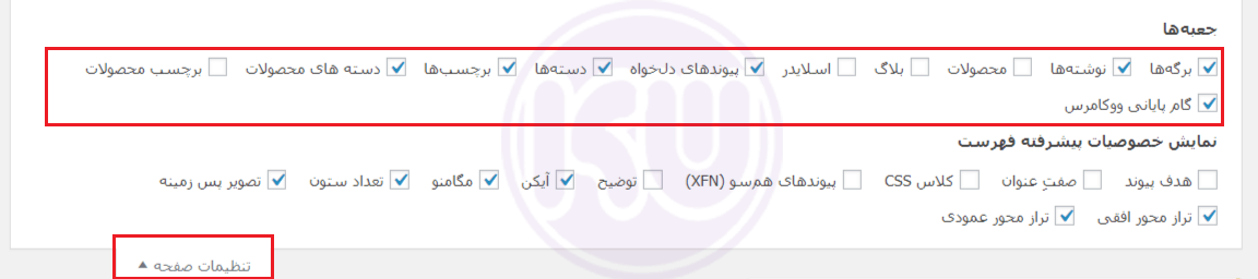 تنظیمات صفحه در تنظیمات منوی وردپرس