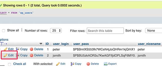 داده های کاربر را از طریق phpMyadmin ویرایش کنید