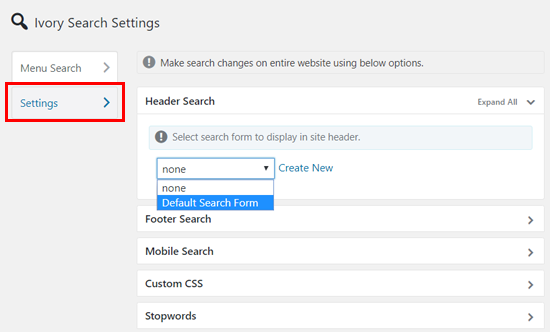 Settings _ تنظیمات در افزونه Ivory Search – WordPress Search Plugin
