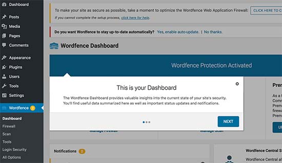 داشبورد افزونه Wordfence - بهترین افزونه های امنیتی وردپرس