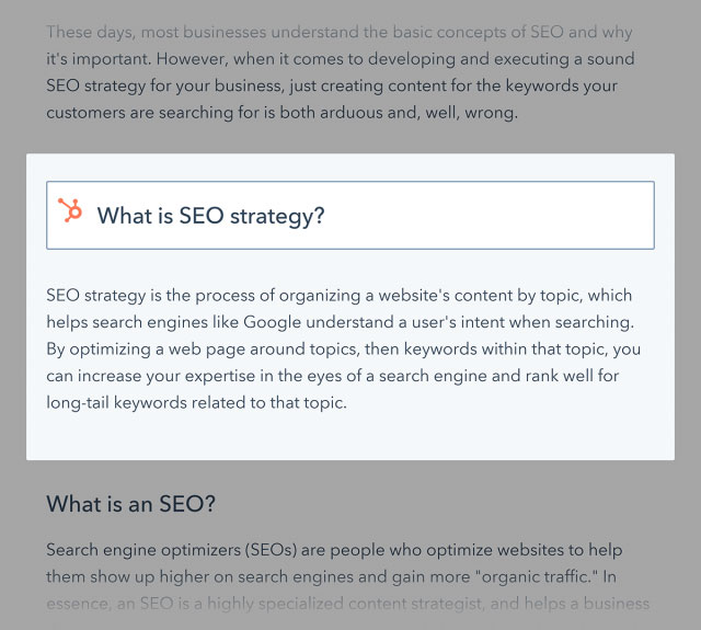 HubSpot featured snippet