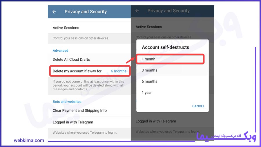 افزایش مدت زمان حذف اتوماتیک حساب telegram