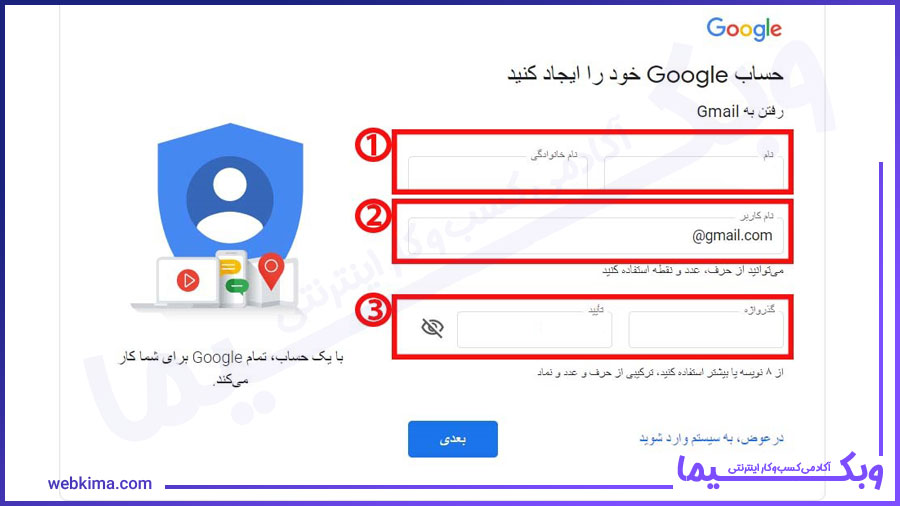 persian submit form -ایجاد حساب جیمیل