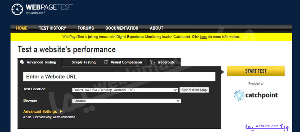 ابزار تست سرعت سایت - WEBPAGETEST