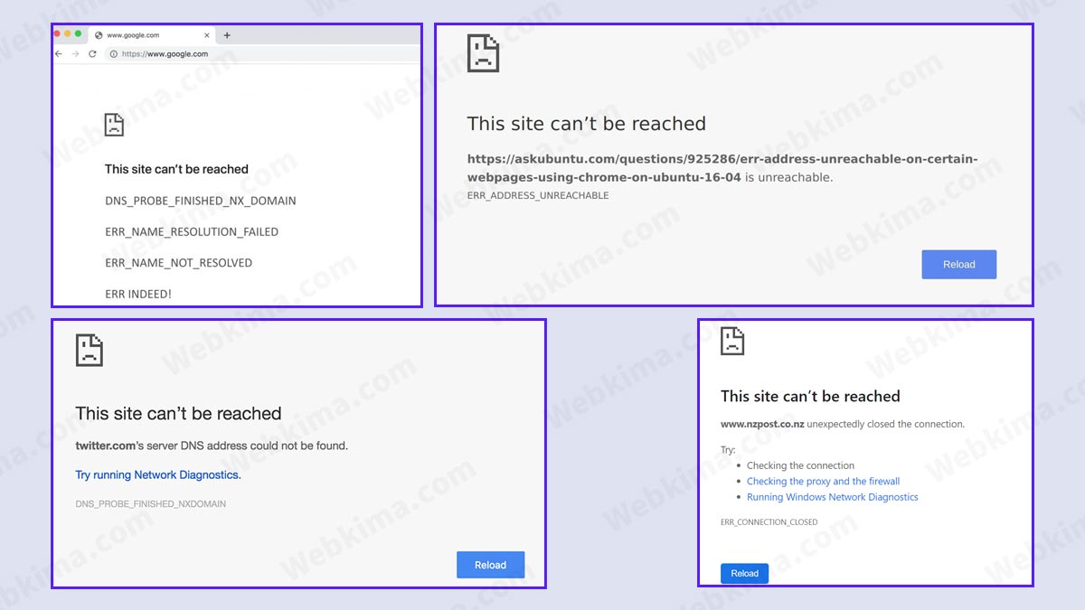 تصویری از انواع خطای This site can’t be reached