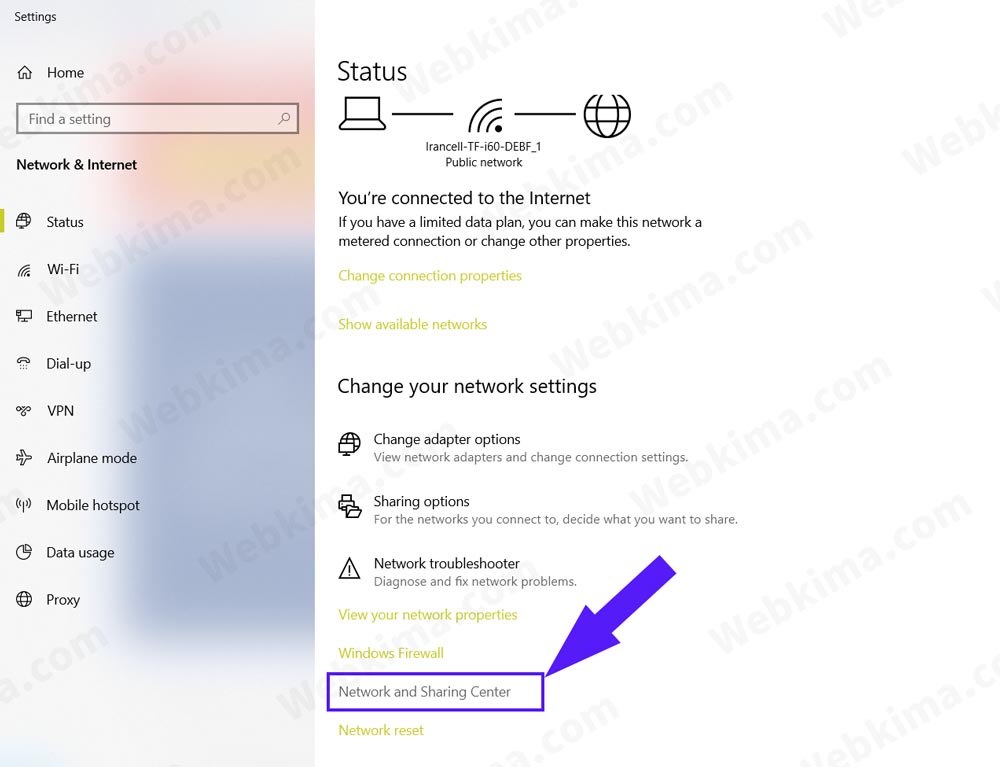پنجره Network status در ویندوز 10