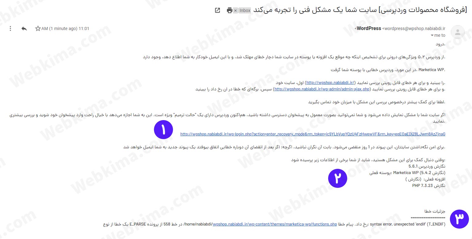 تصویری از ایمیل ارسال شده توسط وردپرس برای خطای سایت شما یک مشکل فنی را تجربه می‌کند