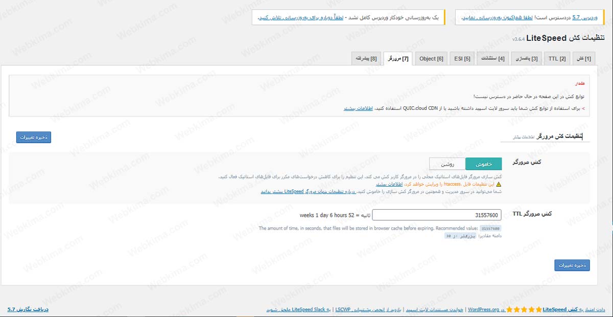 تنظیمات کش مرورگر در افزونه لایتاسپیدکش