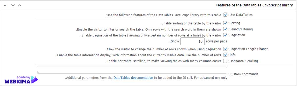 آموزش بخش  Features of the Data Tables JavaScript library در افزونه tablepress