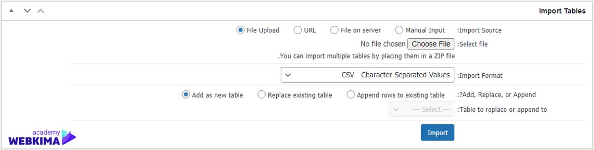 بخش Import Tables در افزونه tablepress