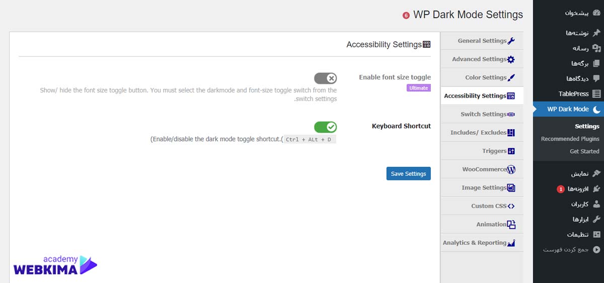 بخش Accessibility Settings در افزونه حالت شب در وردپرس wp dark mode