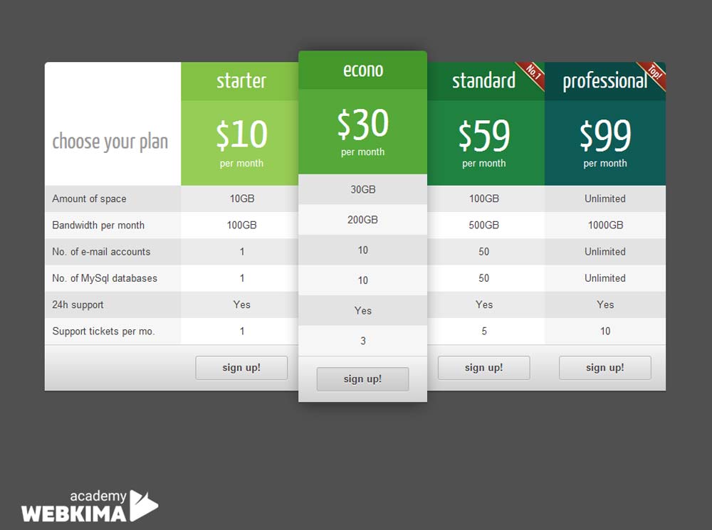 افزونه جدول ساز وردپرس Responsive CSS3 Pricing Table