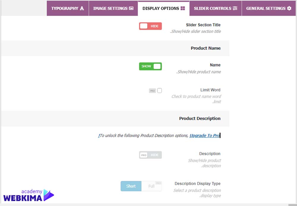 آموزش تب DISPLAY OPTIONS در افزونه Product Slider for WooCommerce
