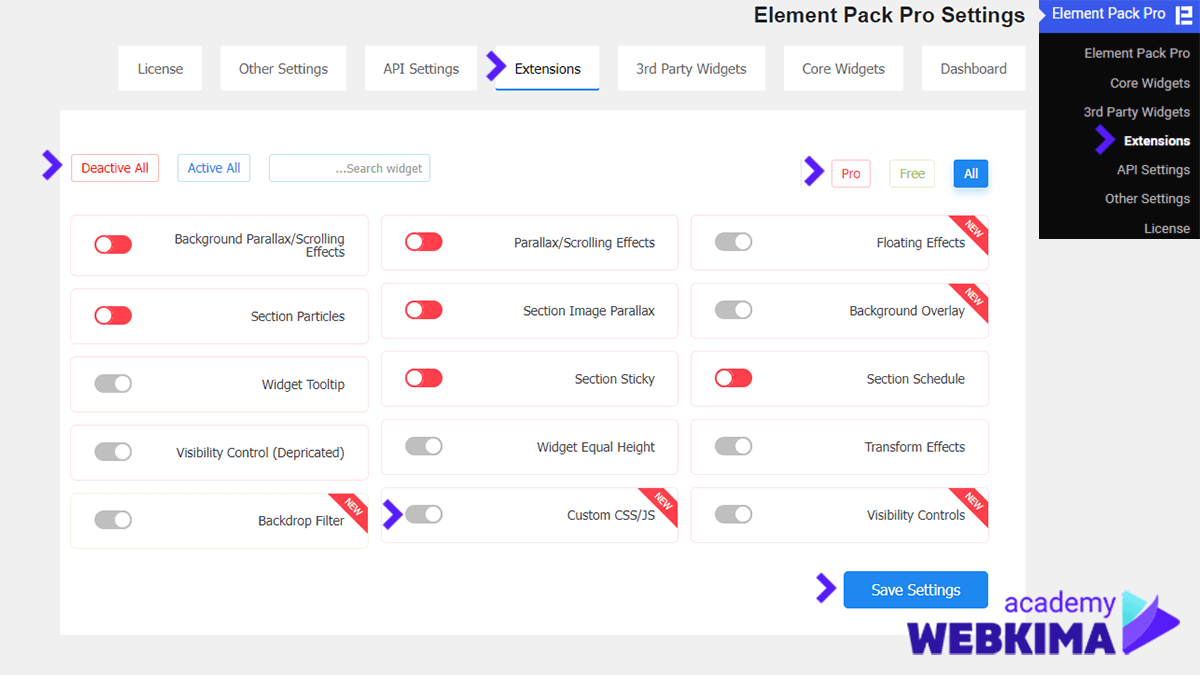 تنظیمات بخش Extensions