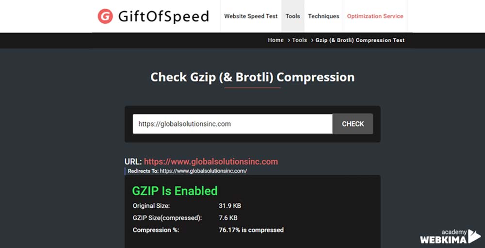 بررسی قابلیت Gzip در وردپرس با giftofspeed.com/gzip-test