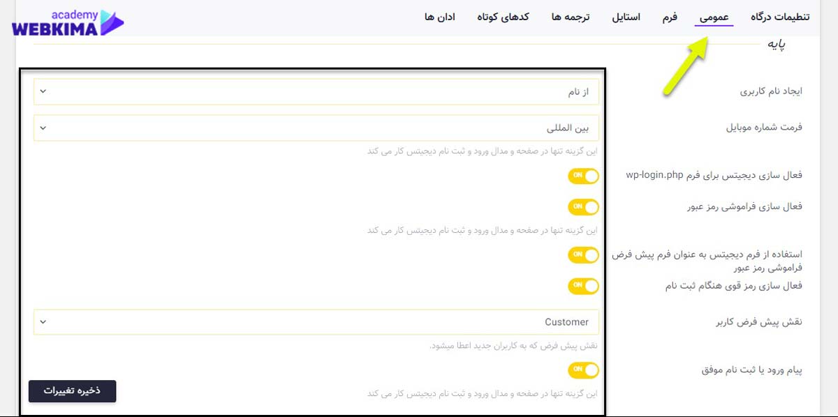 تنظیمات افزونه دیجیتس بخش عمومی