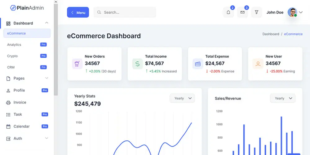 قالب داشبورد مدیریت سایت فروشگاهی Plainadmin