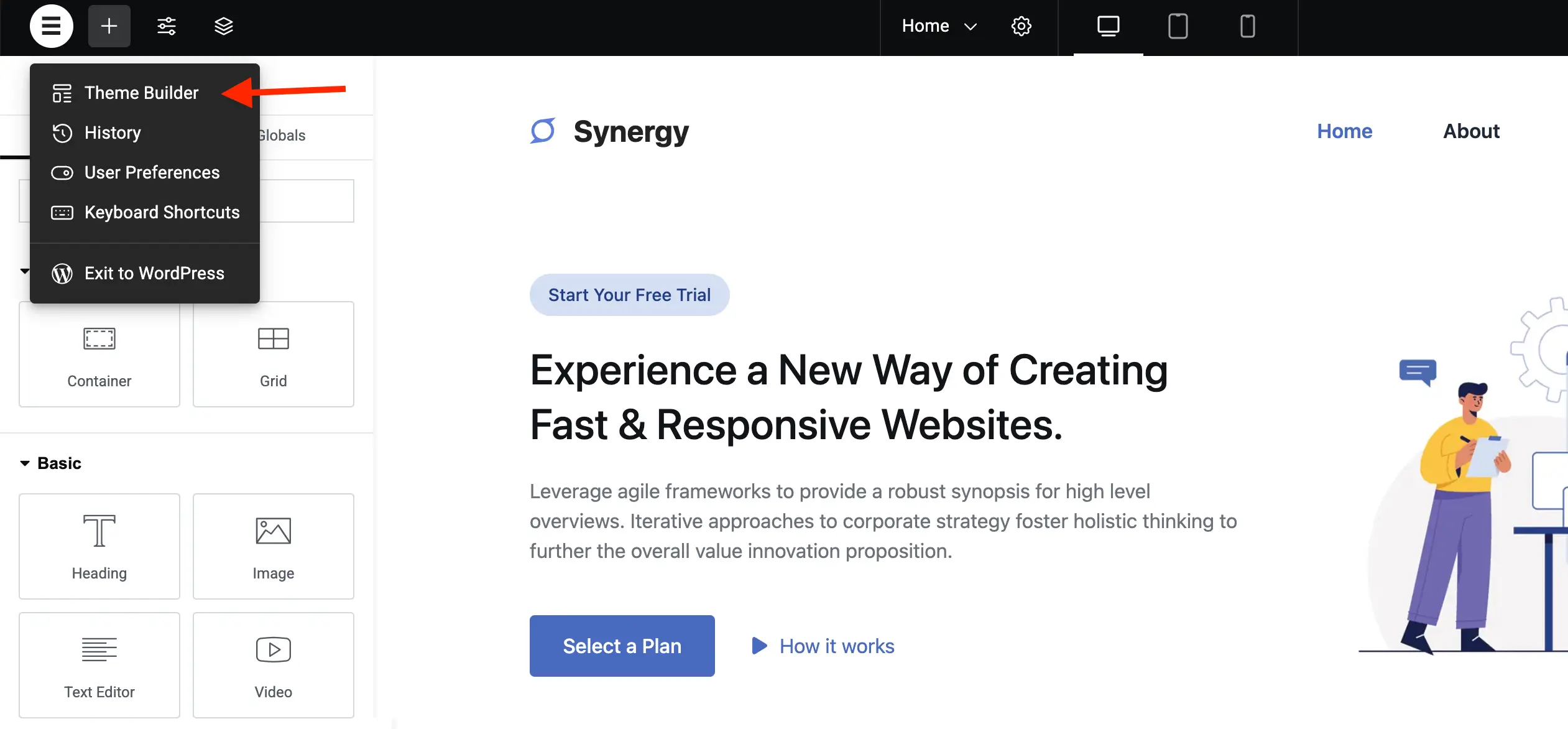 Elementor bar Theme Builder link