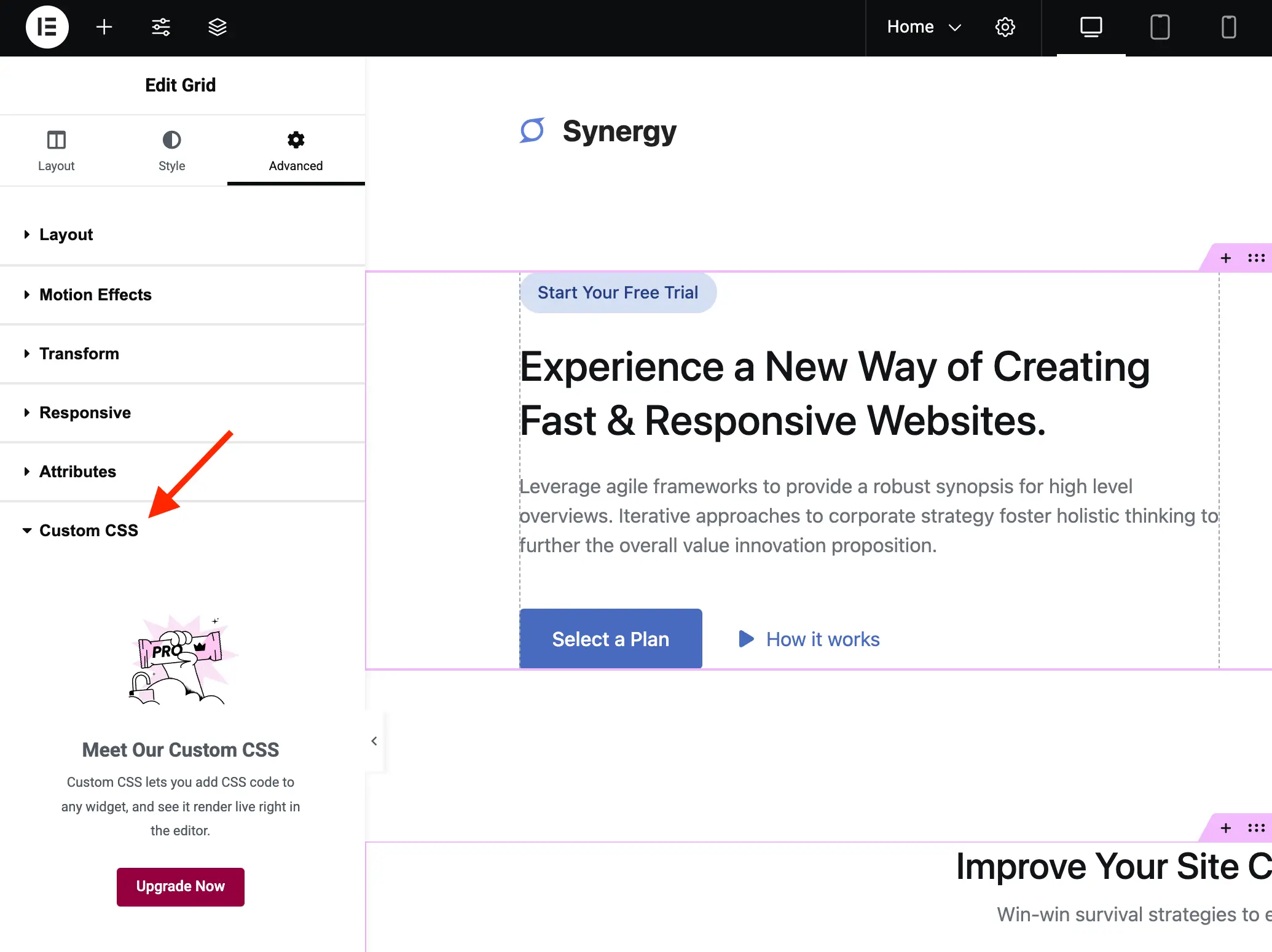 Elementor container custom CSS tab