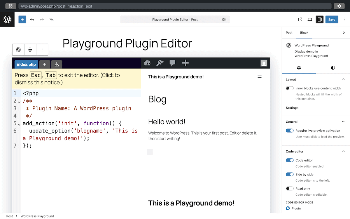 یک بلوک تعاملی جاسازی‌شده در یک نمونهٔ WordPress Playground