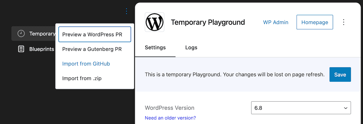 منوی WordPress Playground با گزینه‌های پیش‌نمایش pull request وردپرس، pull request «گوتن‌برگ»، وارد کردن از GitHub یا فایل ZIP