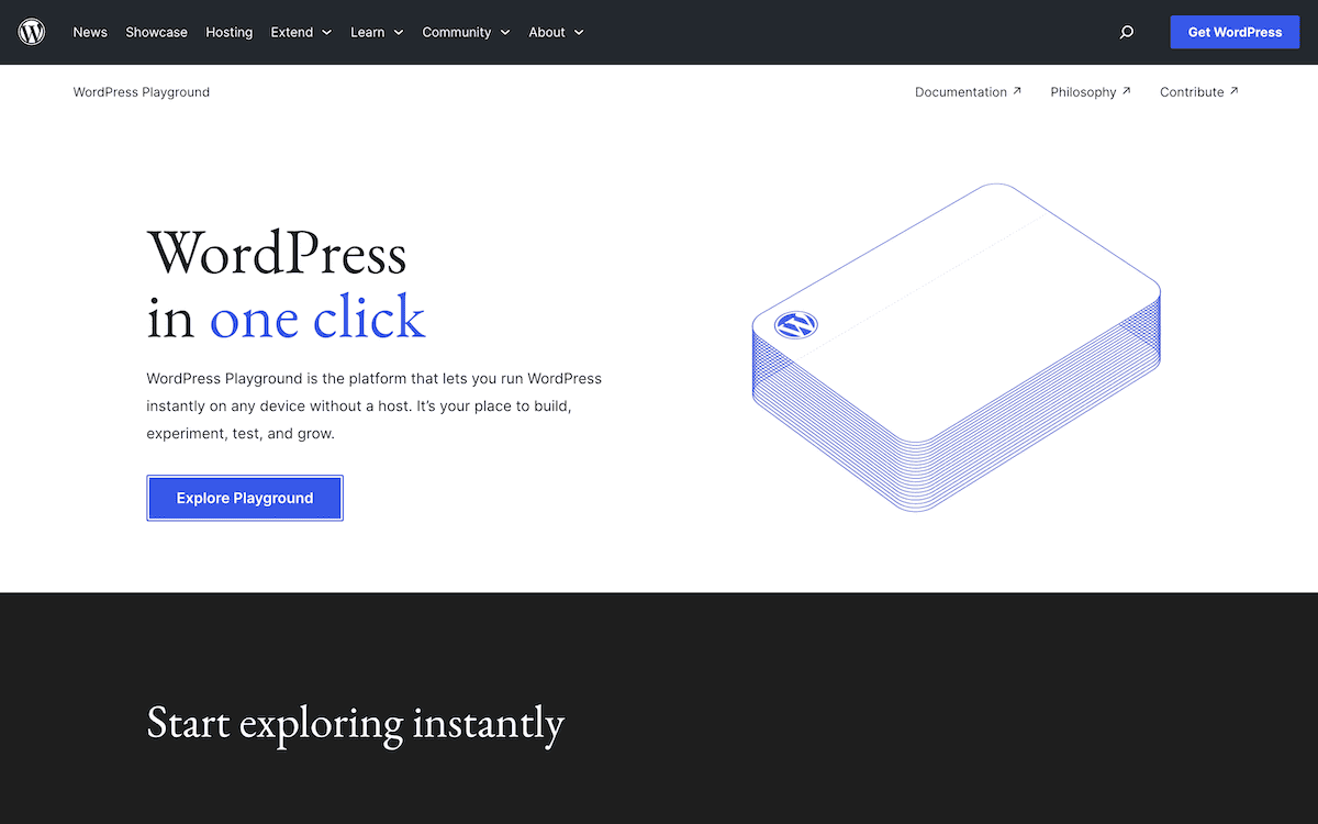اسکرین‌شات صفحهٔ اصلی وب‌سایت WordPress Playground