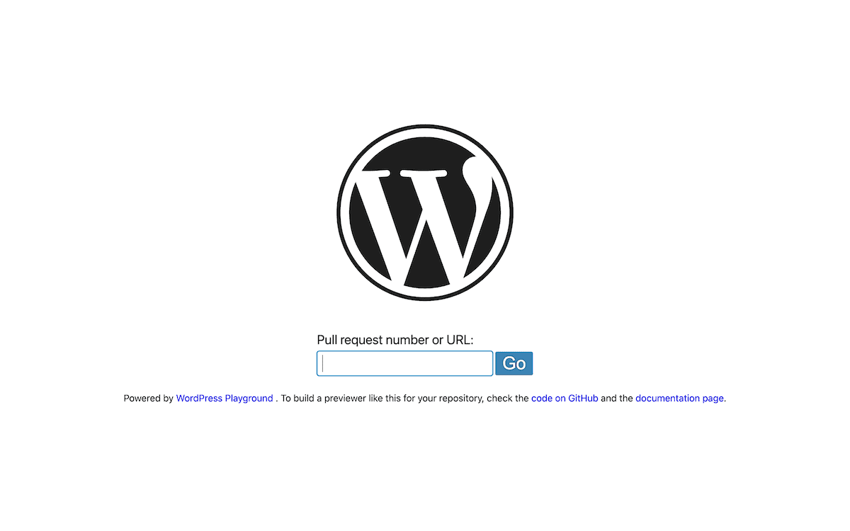 رابط پیش‌نمایش pull request وردپرس که WordPress Playground را با لینک‌های کد GitHub و مستندات از طریق یک لینک قابل وارد کردن نمایش می‌دهد