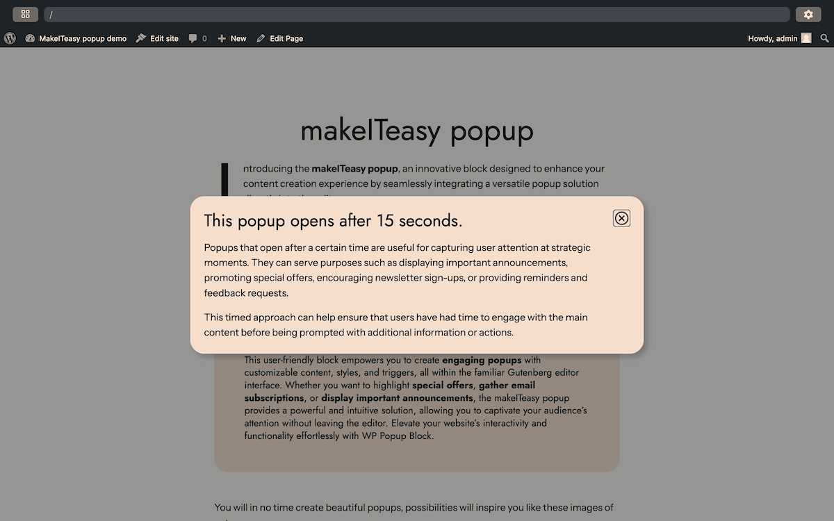 دموی WordPress Playground که پیاده‌سازی پنجرهٔ پاپ‌آپ از کتابخانهٔ الگوها را نمایش می‌دهد