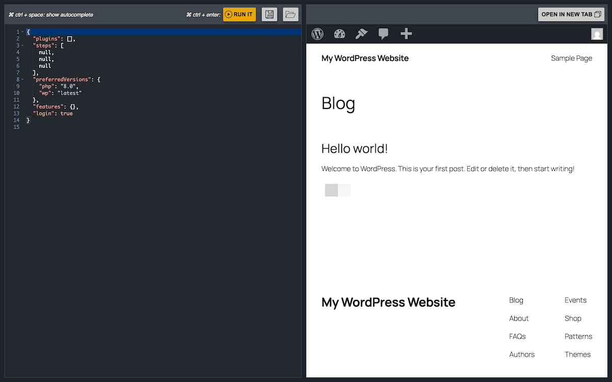 نمای صفحهٔ تقسیم‌شده در WordPress Playground با ویرایش کد در سمت چپ و پیش‌نمایش زنده در سمت راست